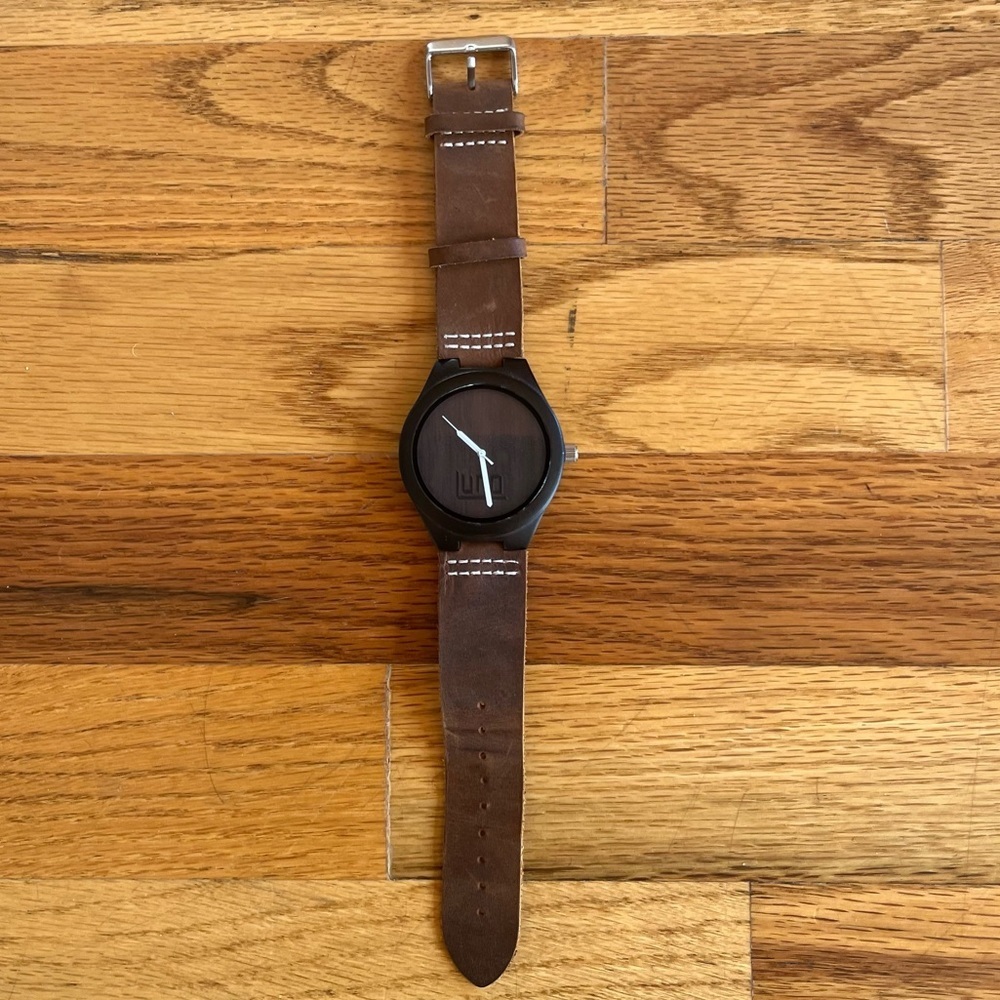 LUNO WEAR 45mm Wooden Men’s Watch Leather Strap Black Brown